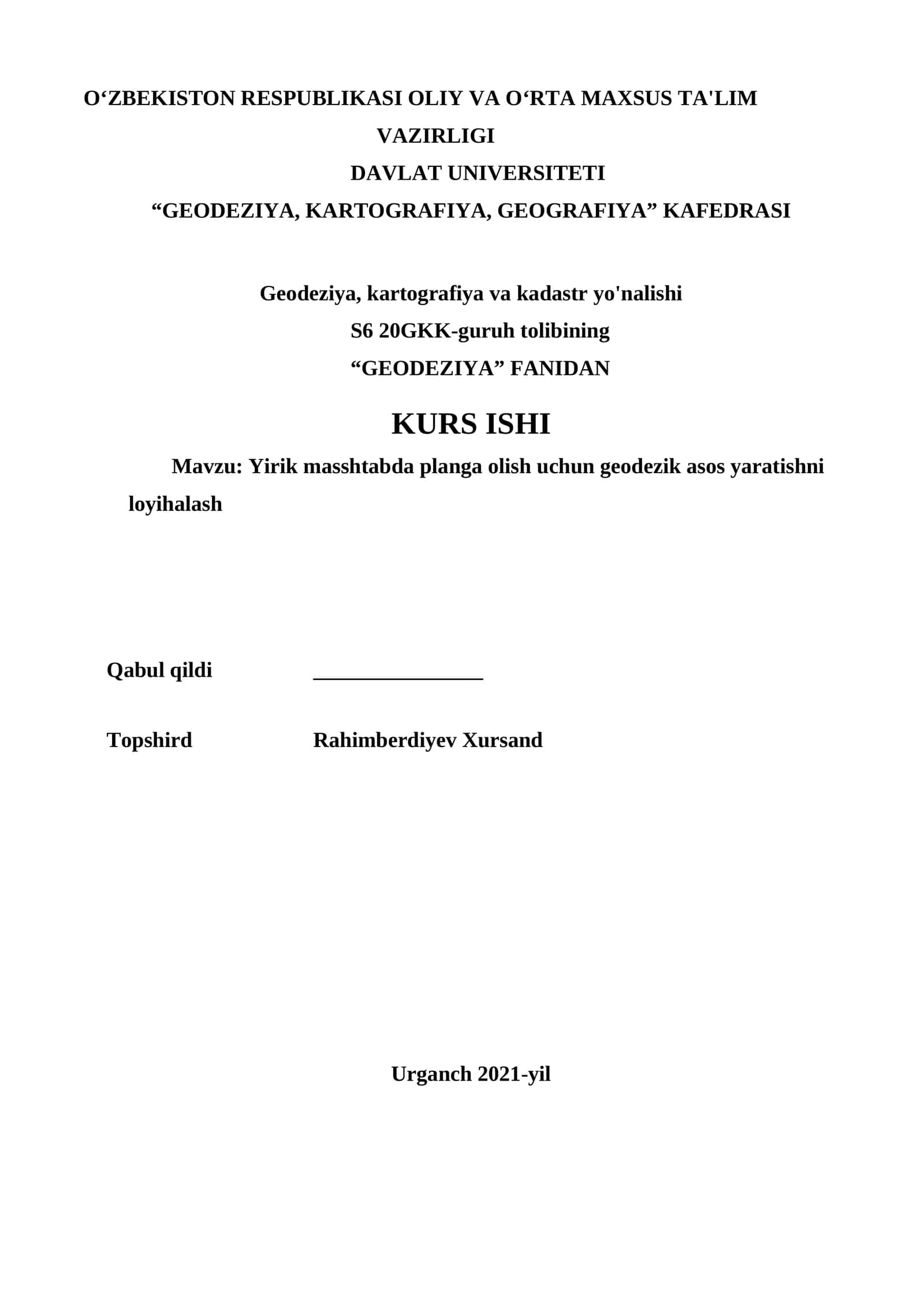 Yirik masshtabda planga olish uchun geodezik asos yaratishni loyihalash