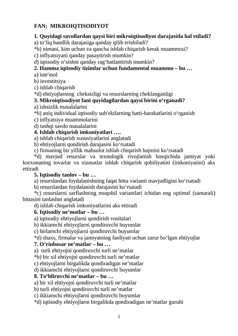 Mikroiqtisodiyot Fan Test Savollari