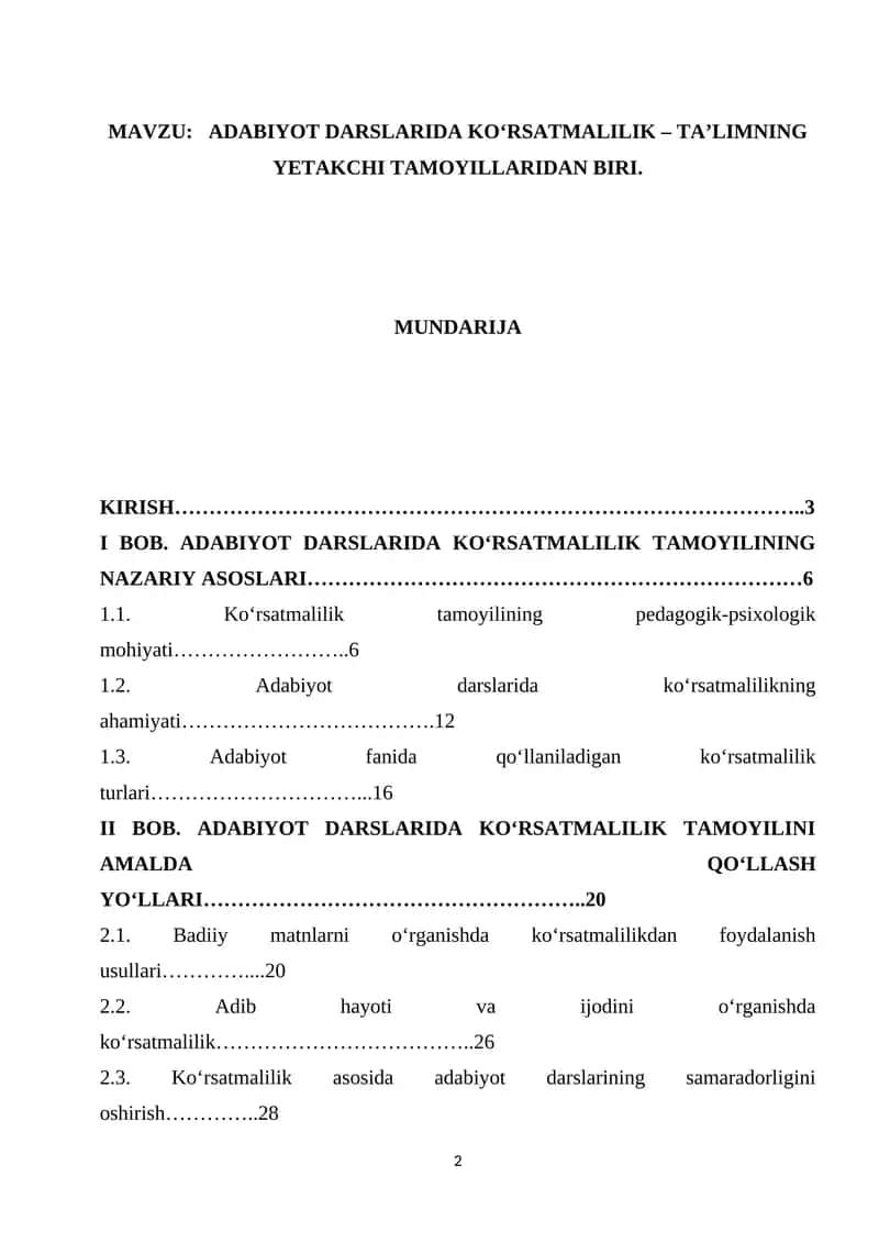 ADABIYOT DARSLARIDA KO‘RSATMALILIK – TA’LIMNING YETAKCHI TAMOYILLARIDAN BIRI