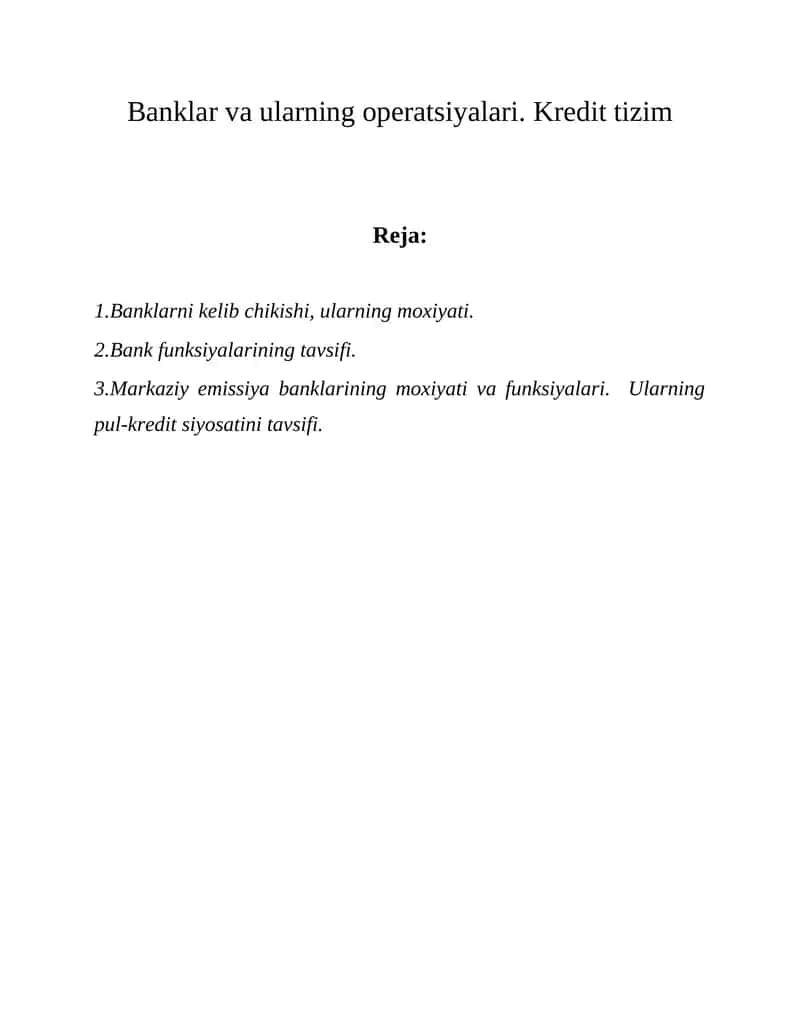 Banklar va ularning operatsiyalari. Kredit tizim