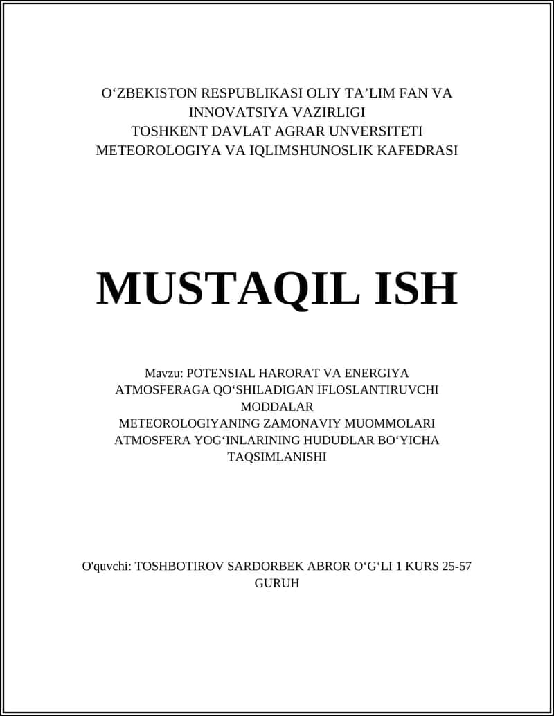 POTENSIAL HARORAT VA ENERGIYA ATMOSFERAGA QOʻSHILADIGAN IFLOSLANTIRUVCHI MODDALAR