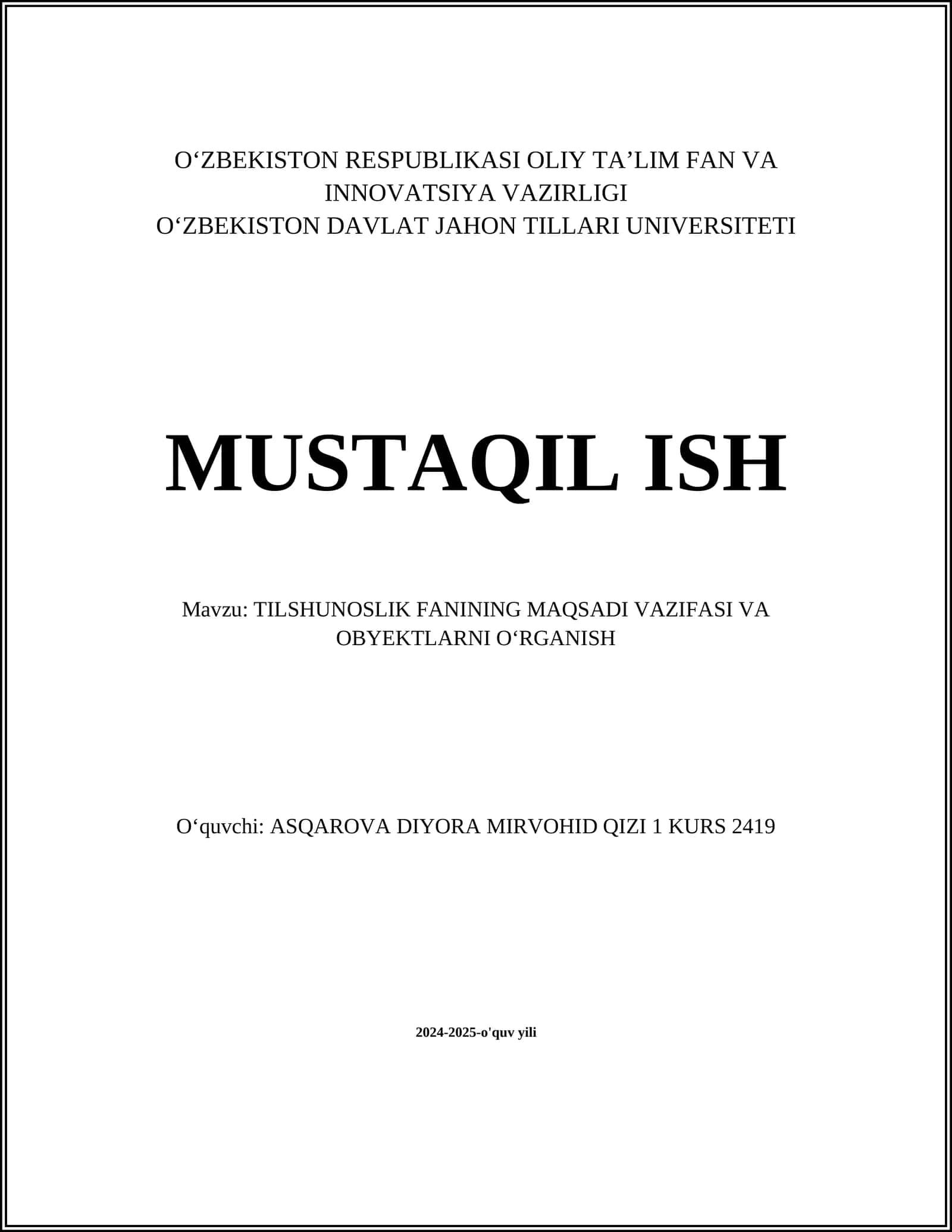 TILSHUNOSLIK FANINING MAQSADI VAZIFASI VA OBYEKTLARNI OʻRGANISH