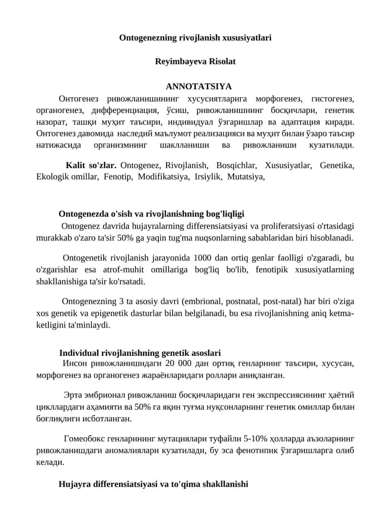 Ontogenezning rivojlanish xususiyatlari