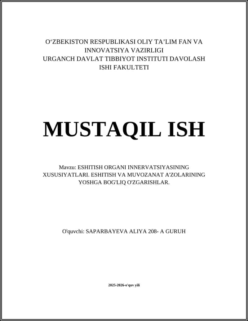 ESHITISH ORGANI INNERVATSIYASINING XUSUSIYATLARI