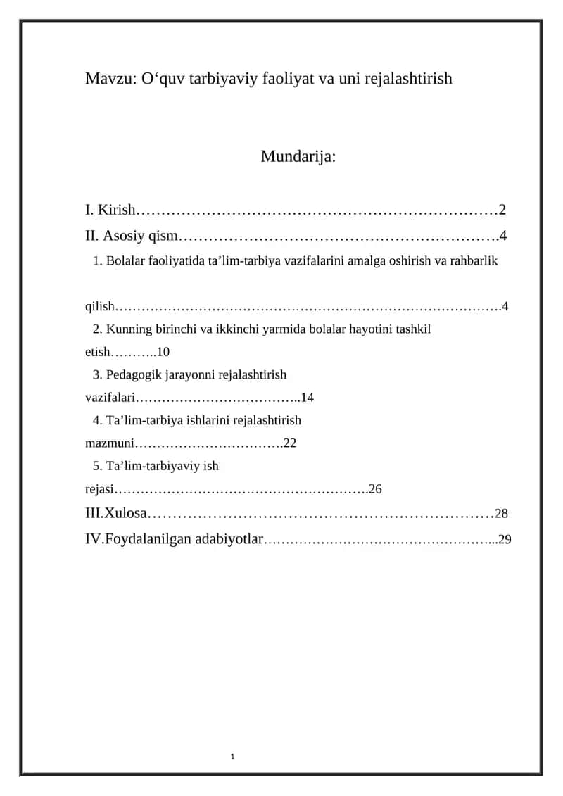 O‘quv tarbiyaviy faoliyat va uni rejalashtirish