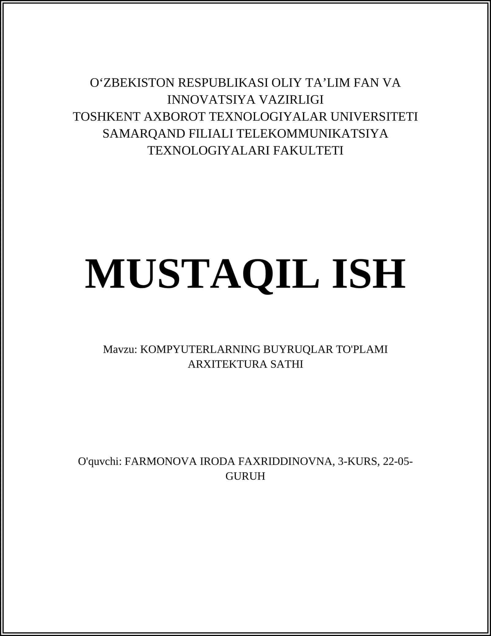 KOMPYUTERLARNING BUYRUQLAR TO'PLAMI ARXITEKTURA SATHI