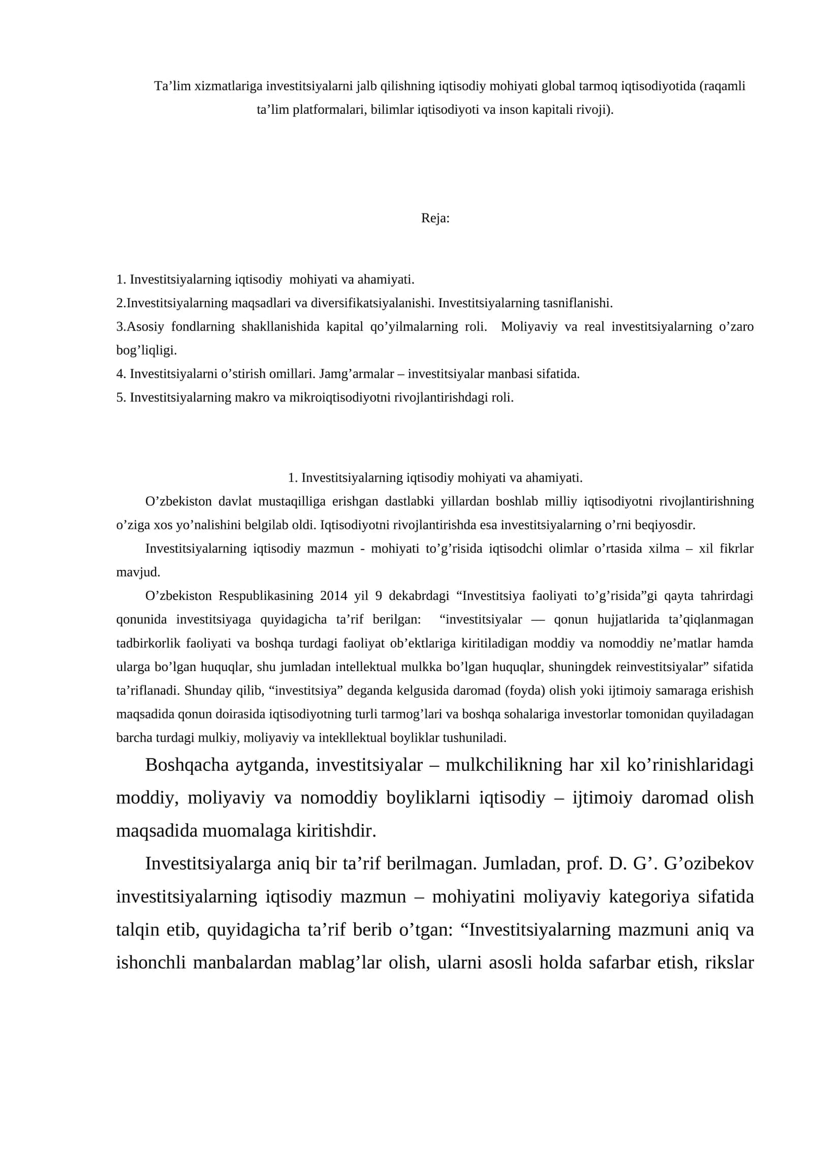 Investitsiyalarning iqtisodiy mohiyati va ahamiyati