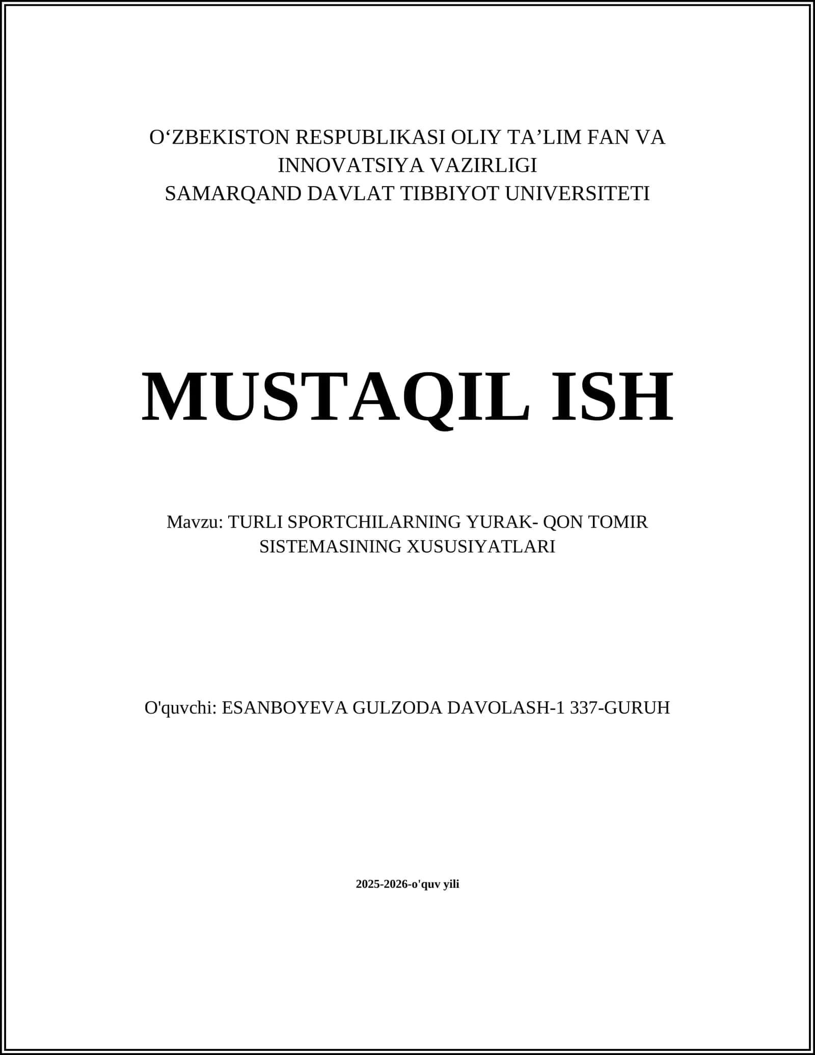 TURLI SPORTCHILARNING YURAK- QON TOMIR SISTEMASINING XUSUSIYATLARI