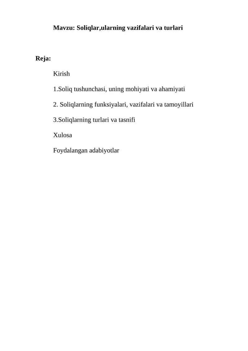 Soliqlar, ularning vazifalari va turlari