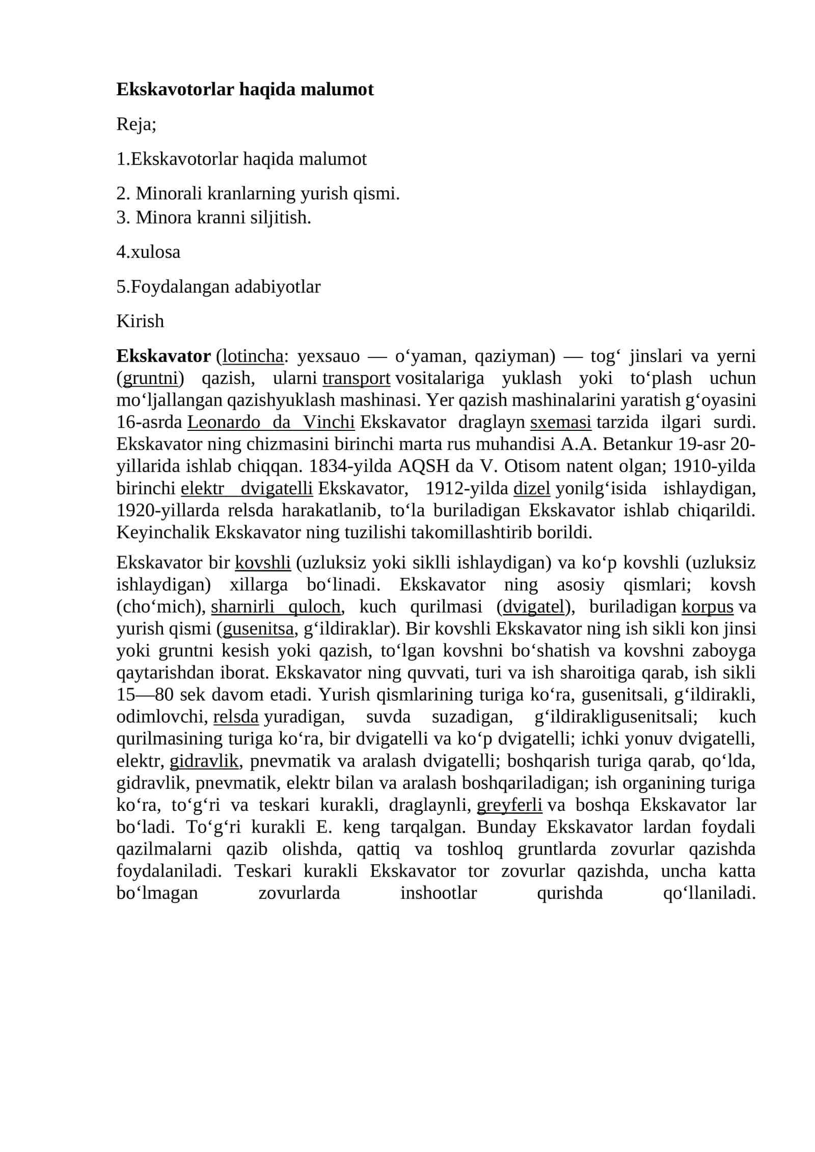 Ekskavatorlar haqida malumot