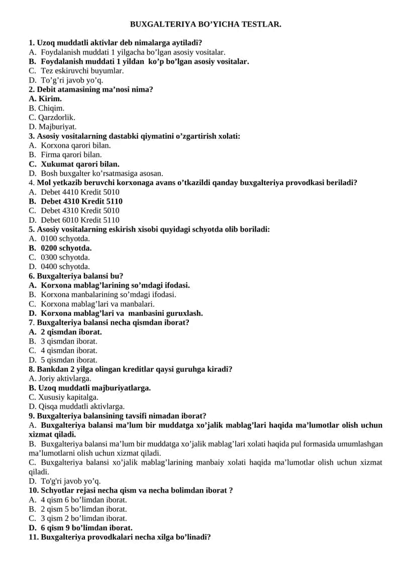 BUXGALTERIYA BO’YICHA TESTLAR