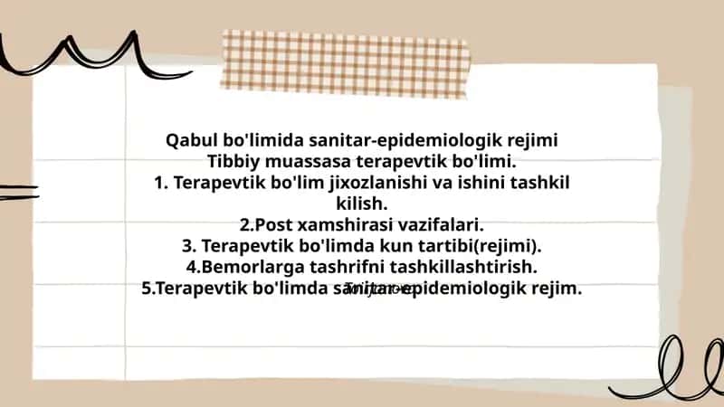 Qabul bo'limida sanitar-epidemiologik rejimi Tibbiy muassasa terapevtik bo'limi