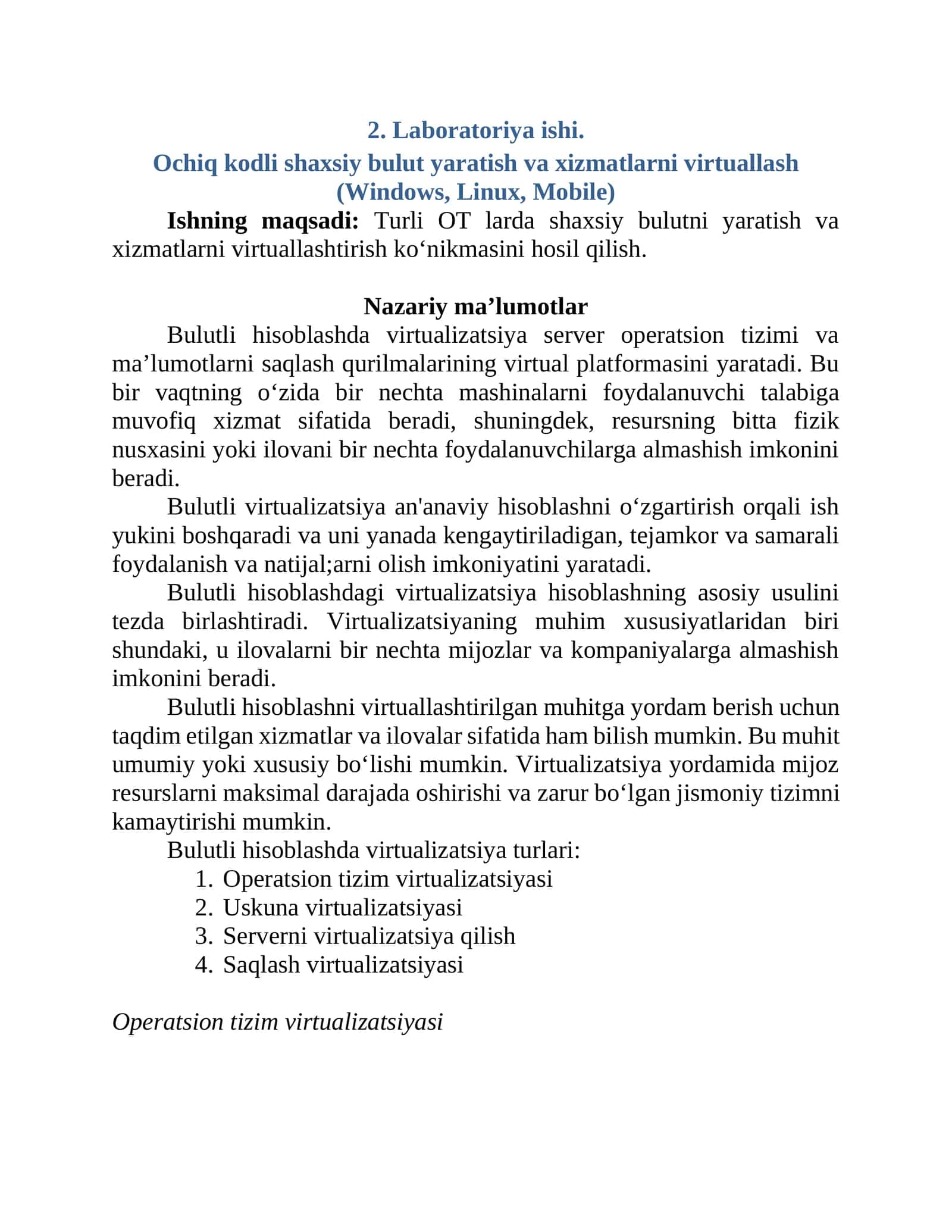 Ochiq kodli shaxsiy bulut yaratish va xizmatlarni virtuallash (Windows, Linux, Mobile)