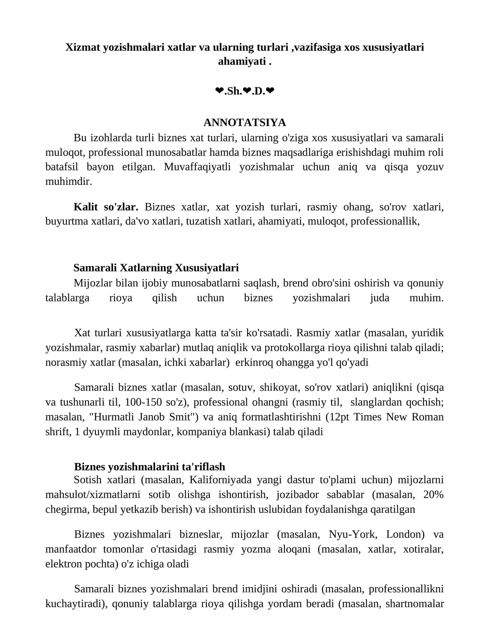 Biznes xatlar va ularning turli turlari