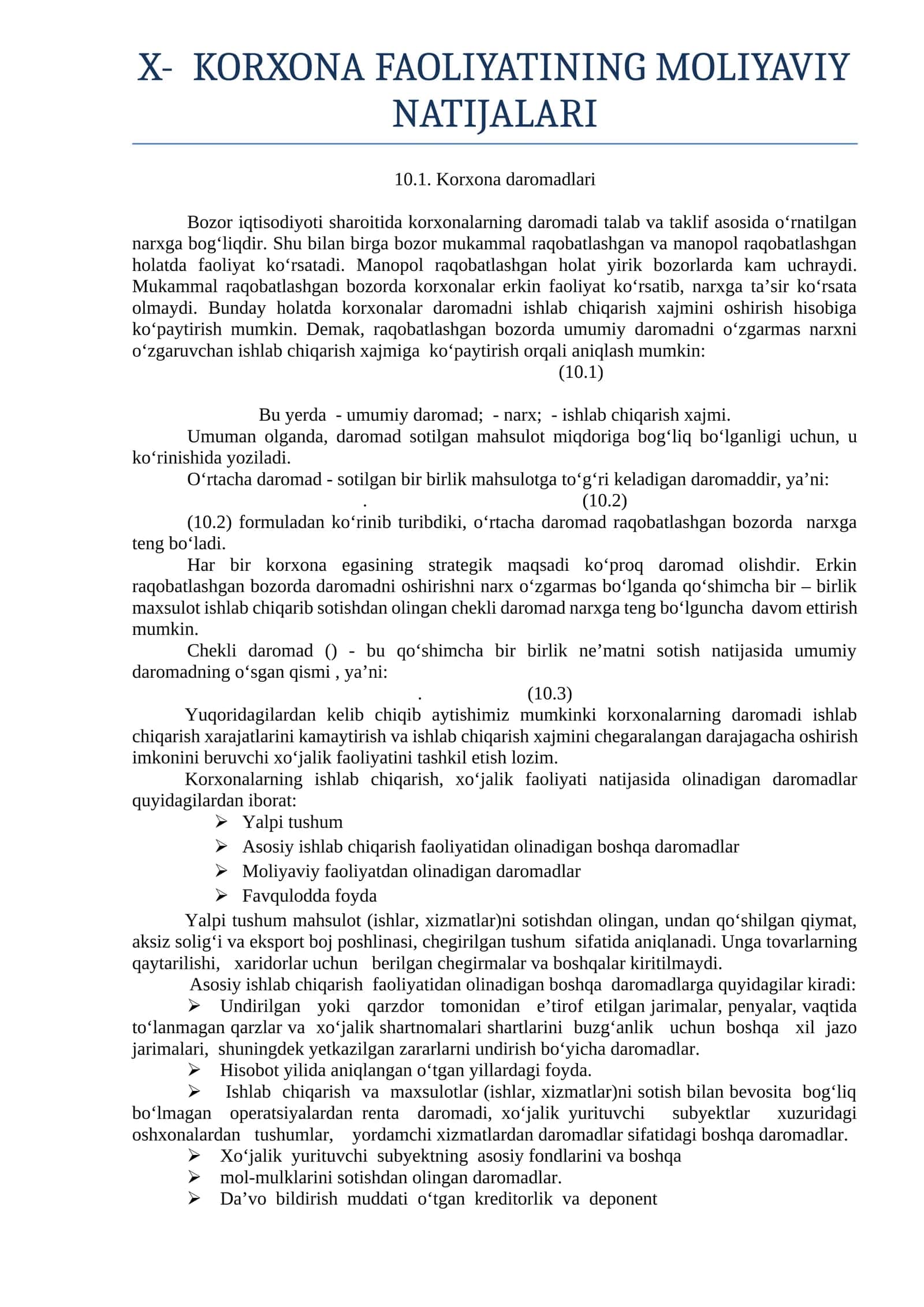 Korxona Faoliyatining Maliyaviy Natijalari