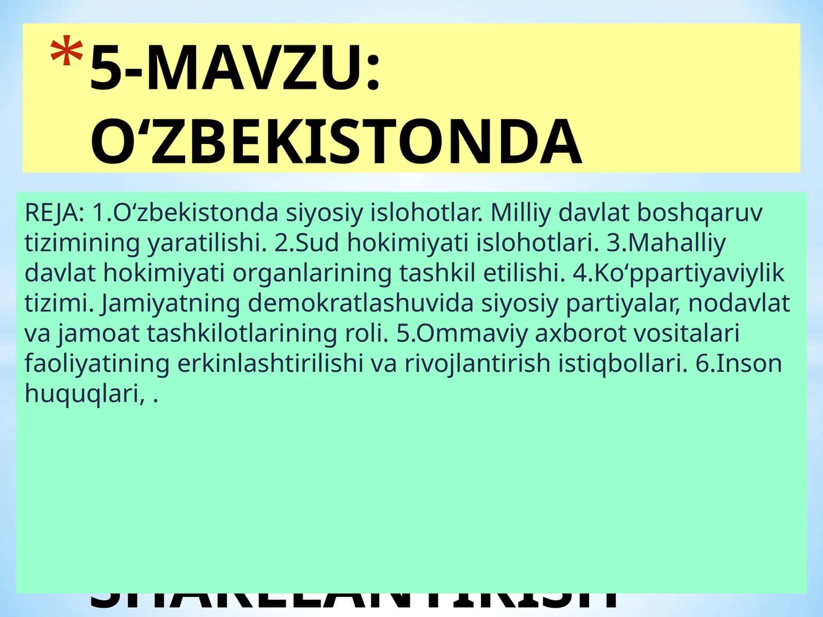 O'ZBEKISTONDA HUQUQIY SIYOSIY ISLOHOTLARNING AMALGA OSHIRILISHI, DEMOKRATIK JAMIYATNI SHAKLLANTIRISH YО‘LIDAGI ISLOHOTLAR