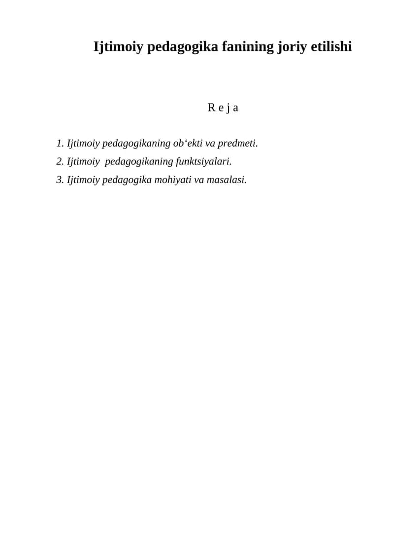 Ijtimoiy Pedagogika Fanining Joriy Etilishi