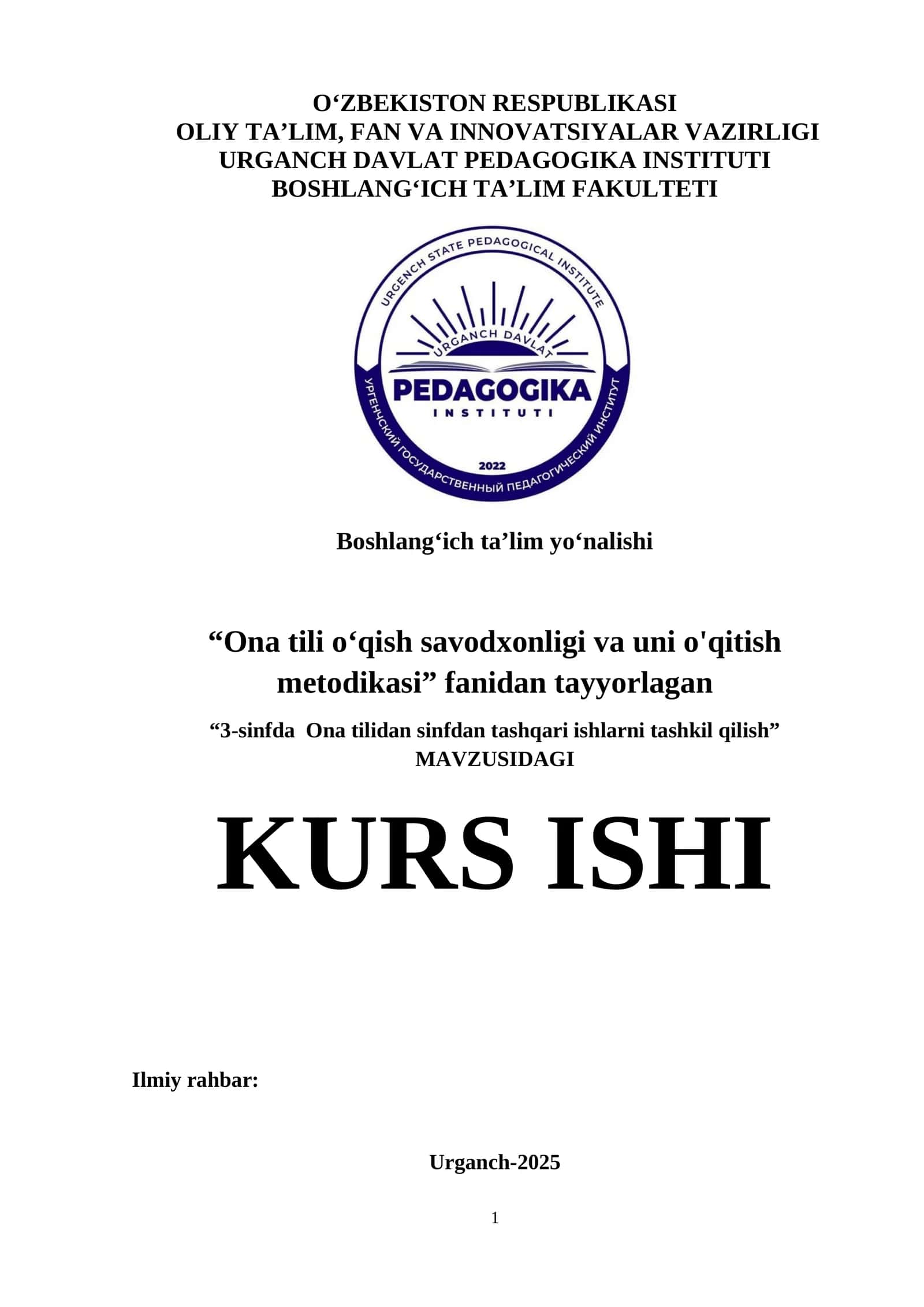 3-sinfda Ona tilidan sinfdan tashqari ishlarni tashkil qilish