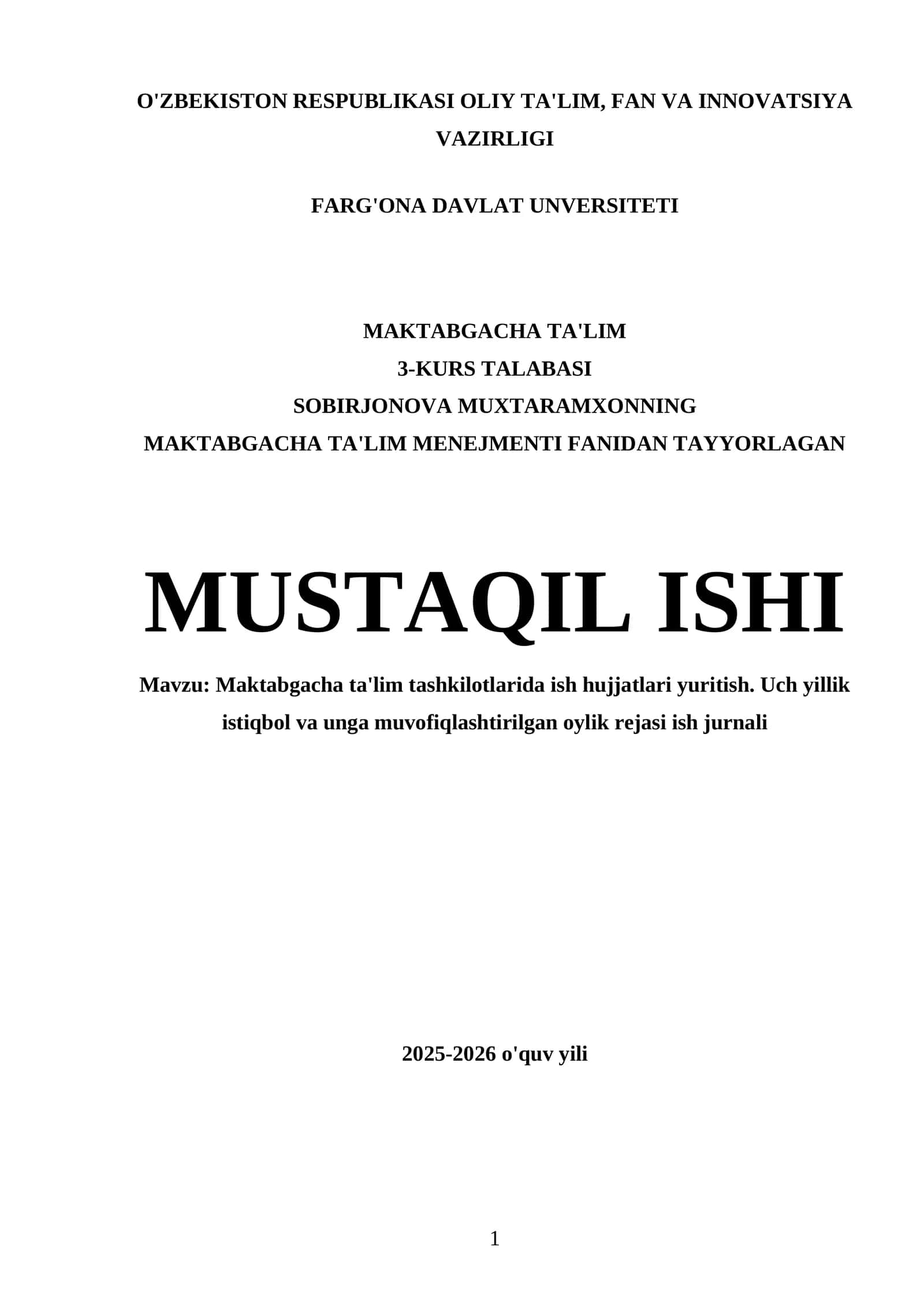 MAKTABGACHA TA'LIM MENEJMENTI FANIDAN TAYYORLAGAN MUSTAQIL ISHI