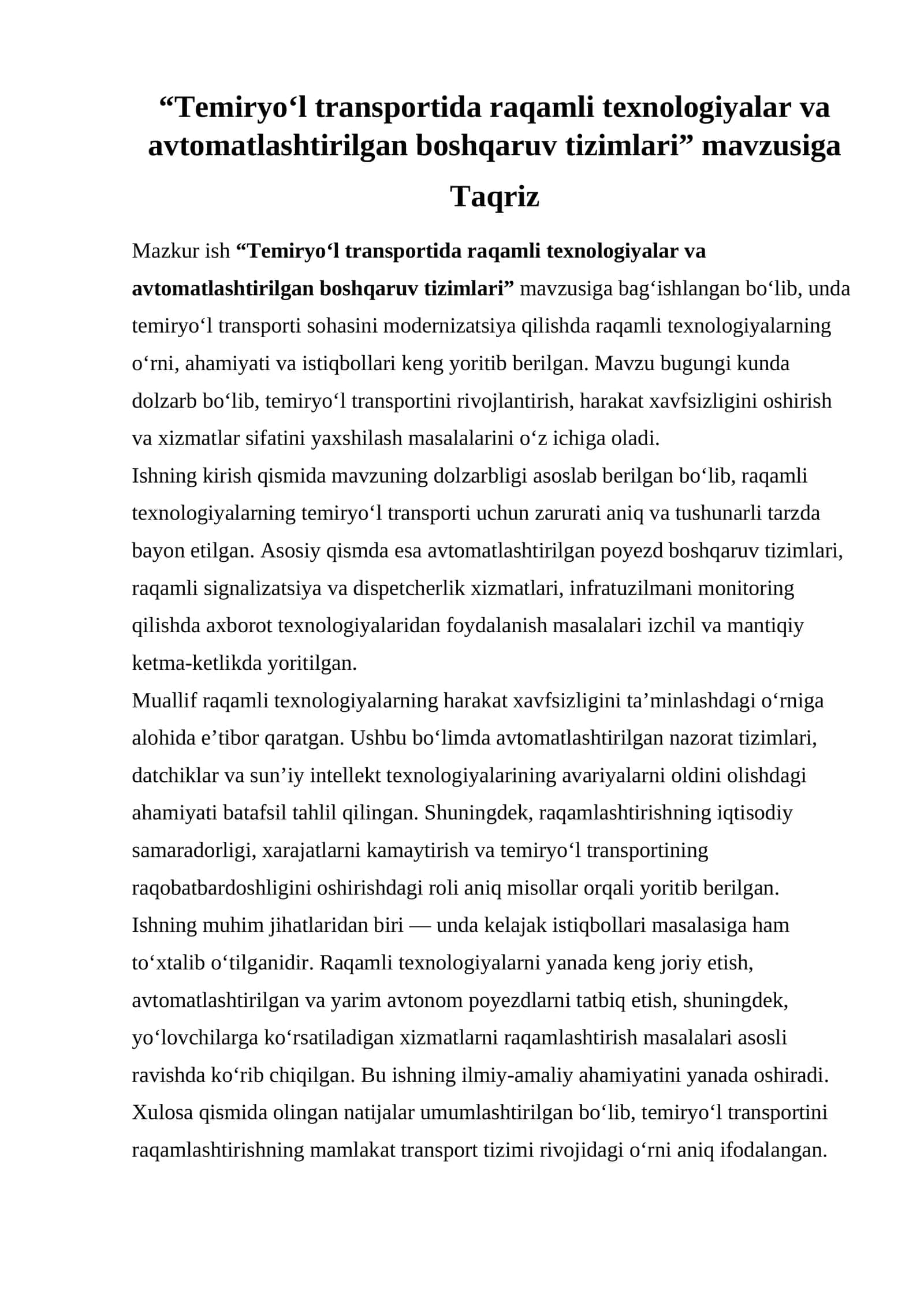 Temiryo‘l transportida raqamli texnologiyalar va avtomatlashtirilgan boshqaruv tizimlari