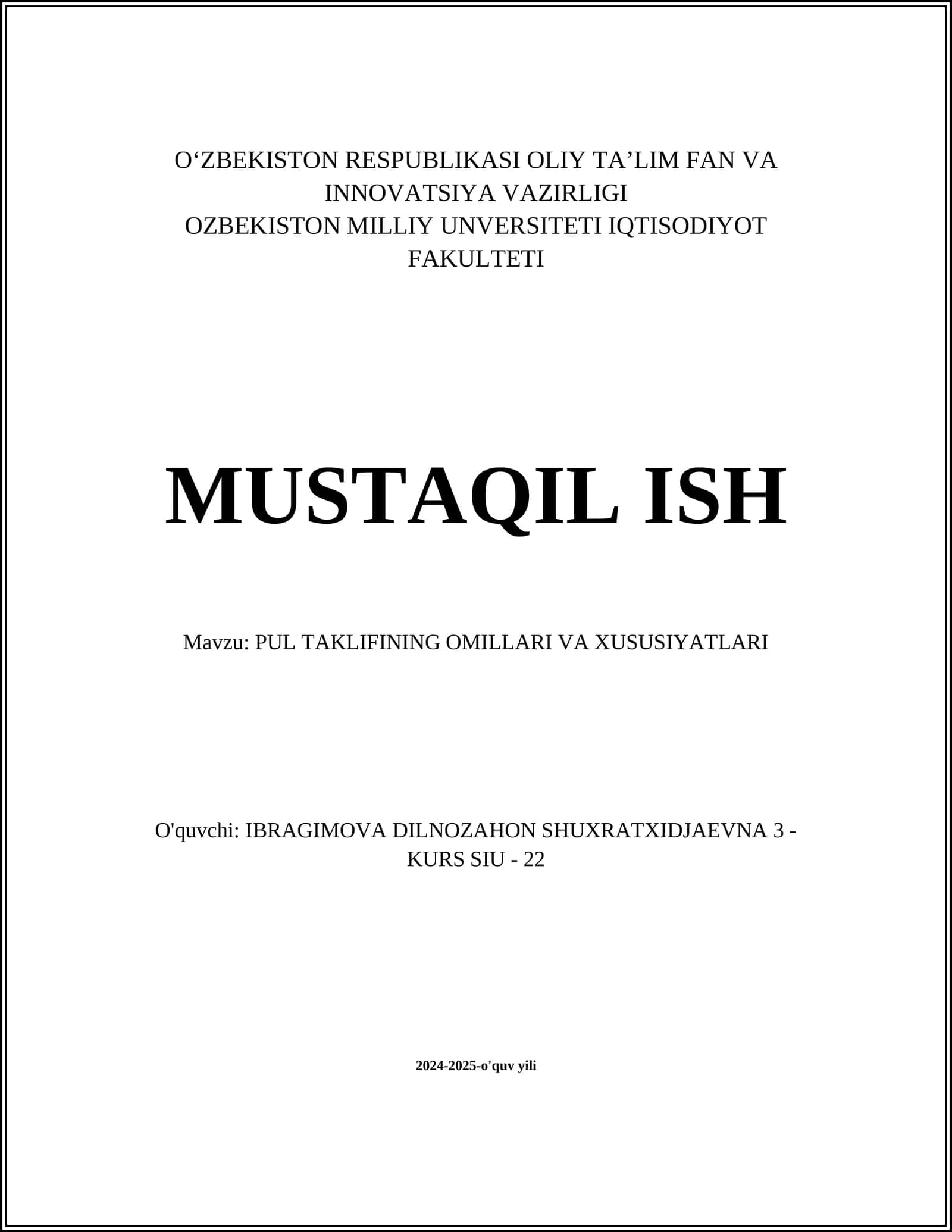 Pul taklifining OMILLARI VA XUSUSIYATLARI