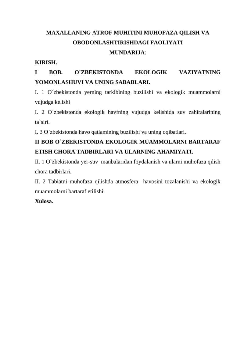MAXALLANING ATROF MUHITINI MUHOFAZA QILISH VA OBODONLASHTIRISHDAGI FAOLIYATI