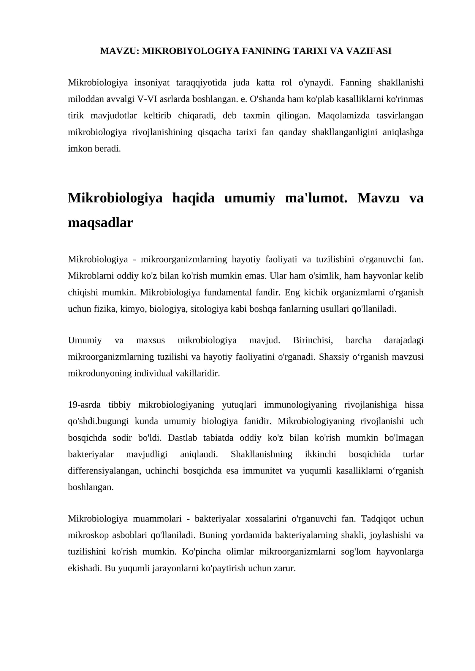 MIKROBIYOLOGIYA FANINING TARIXI VA VAZIFASI