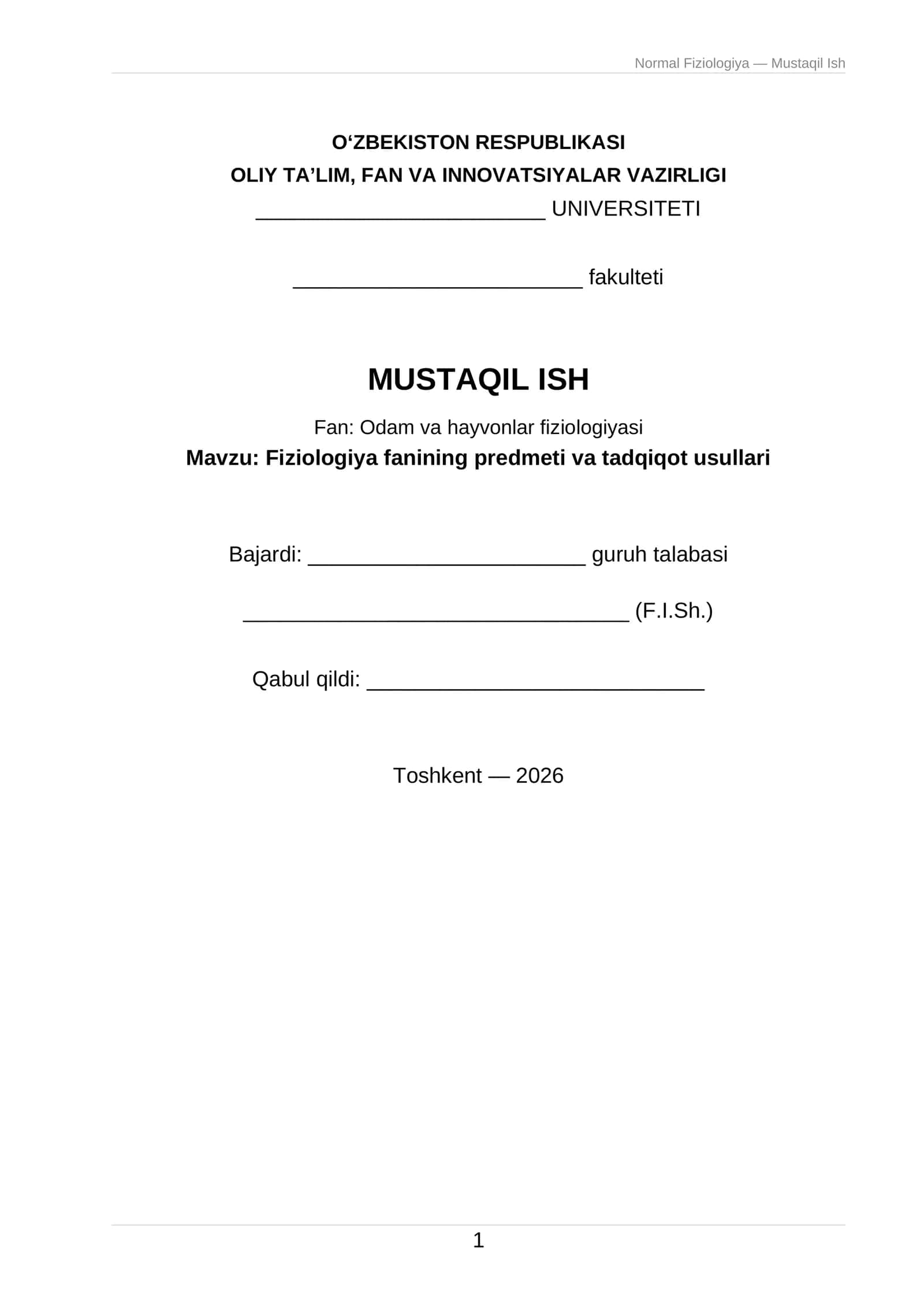Normal Fiziologiya — Mustaqil Ish