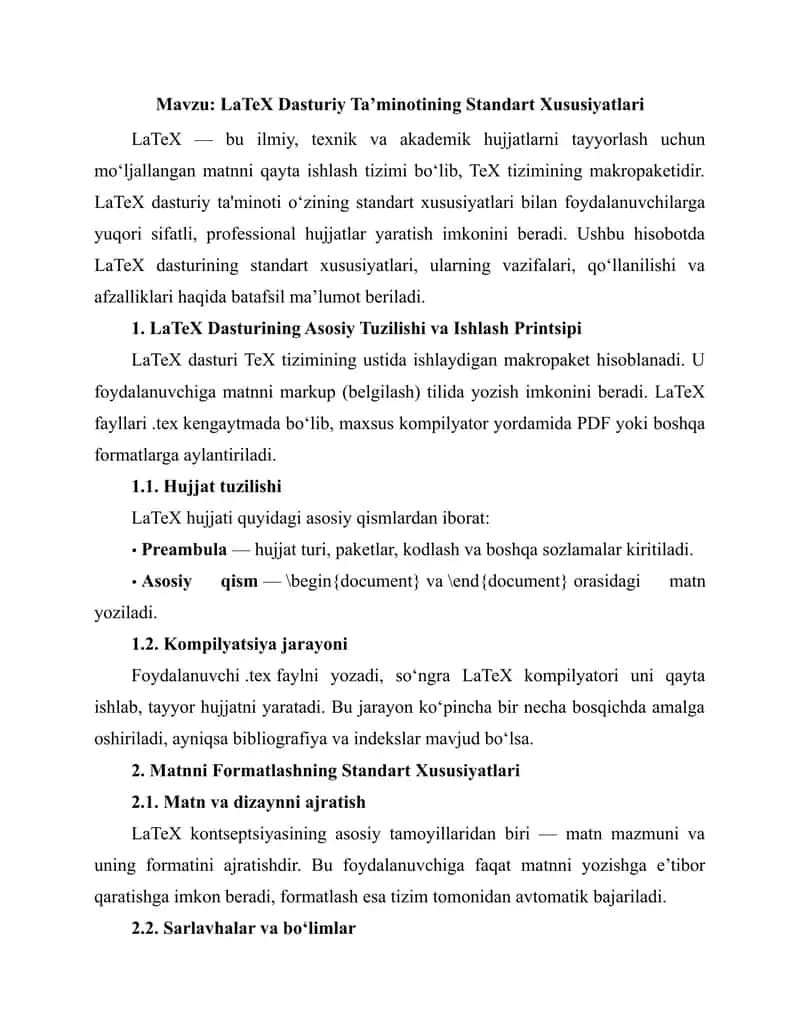 LaTeX Dasturiy Ta’minotining Standart Xususiyatlari
