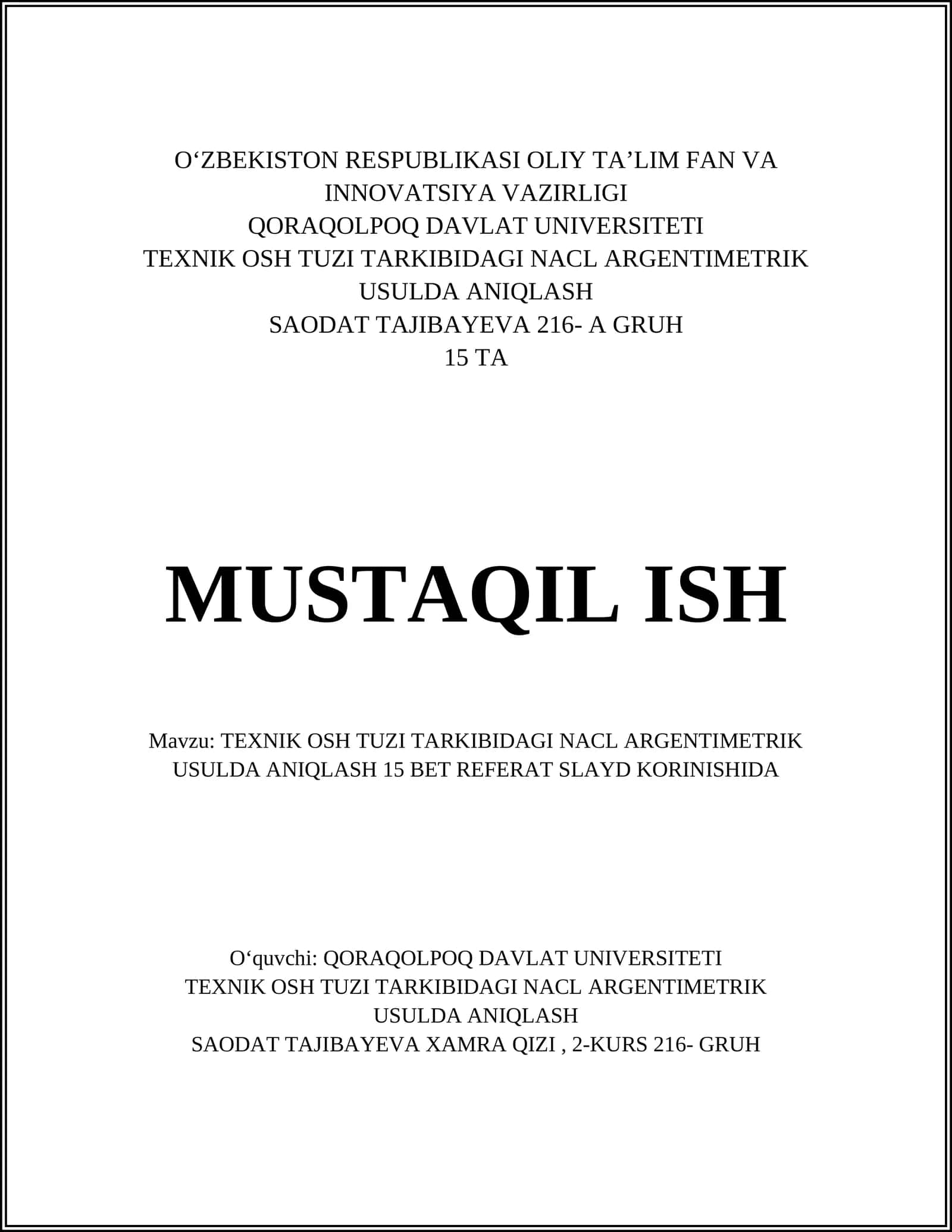 TEXNIK OSH TUZI TARKIBIDAGI NACL ARGENTIMETRIK USULDA ANIQLASH
