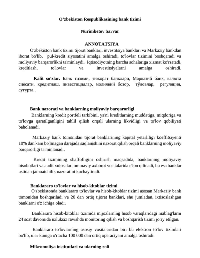 O‘zbekiston Respublikasining bank tizimi