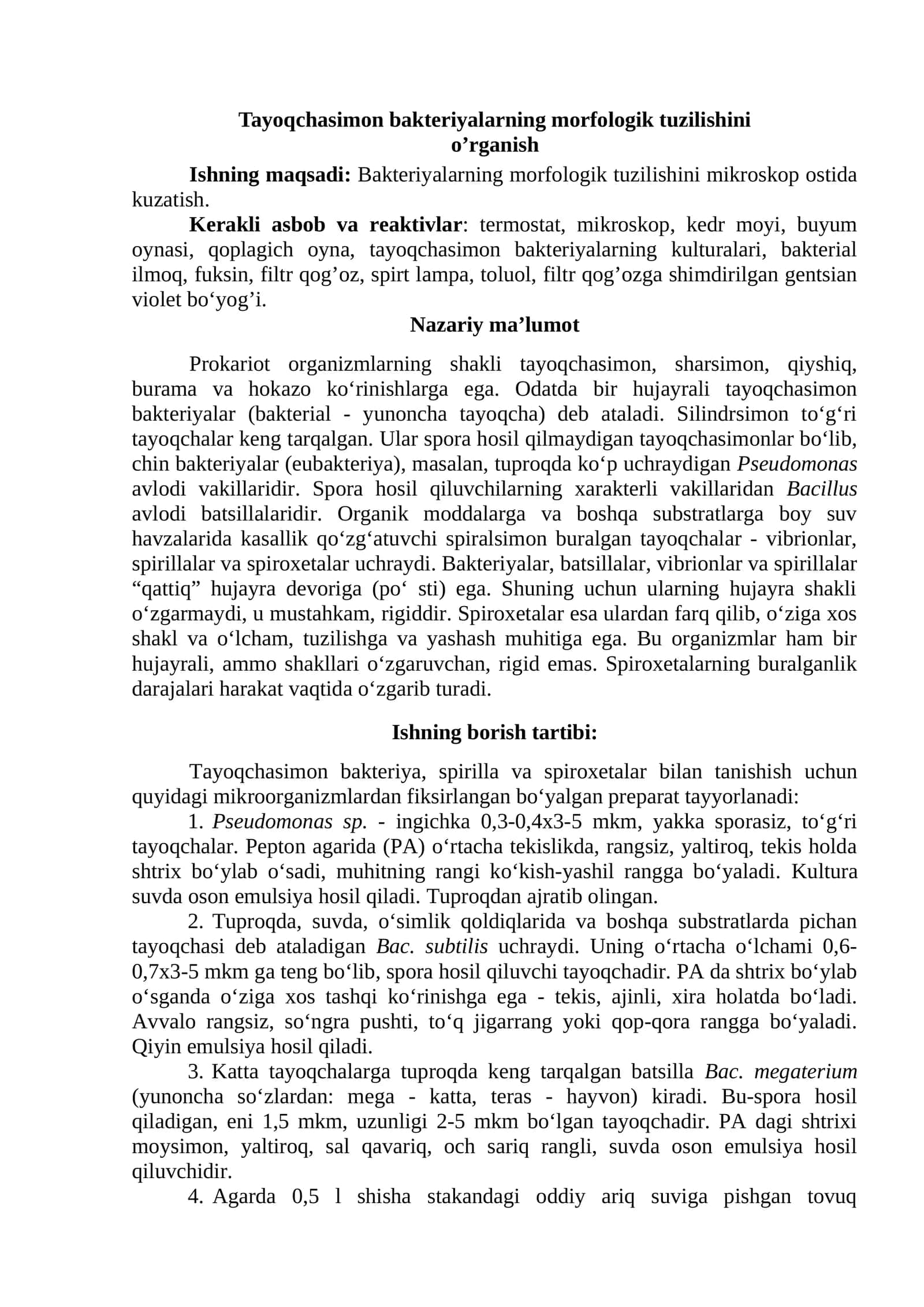 Tayoqchasimon bakteriyalarning morfologik tuzilishini o’rganish