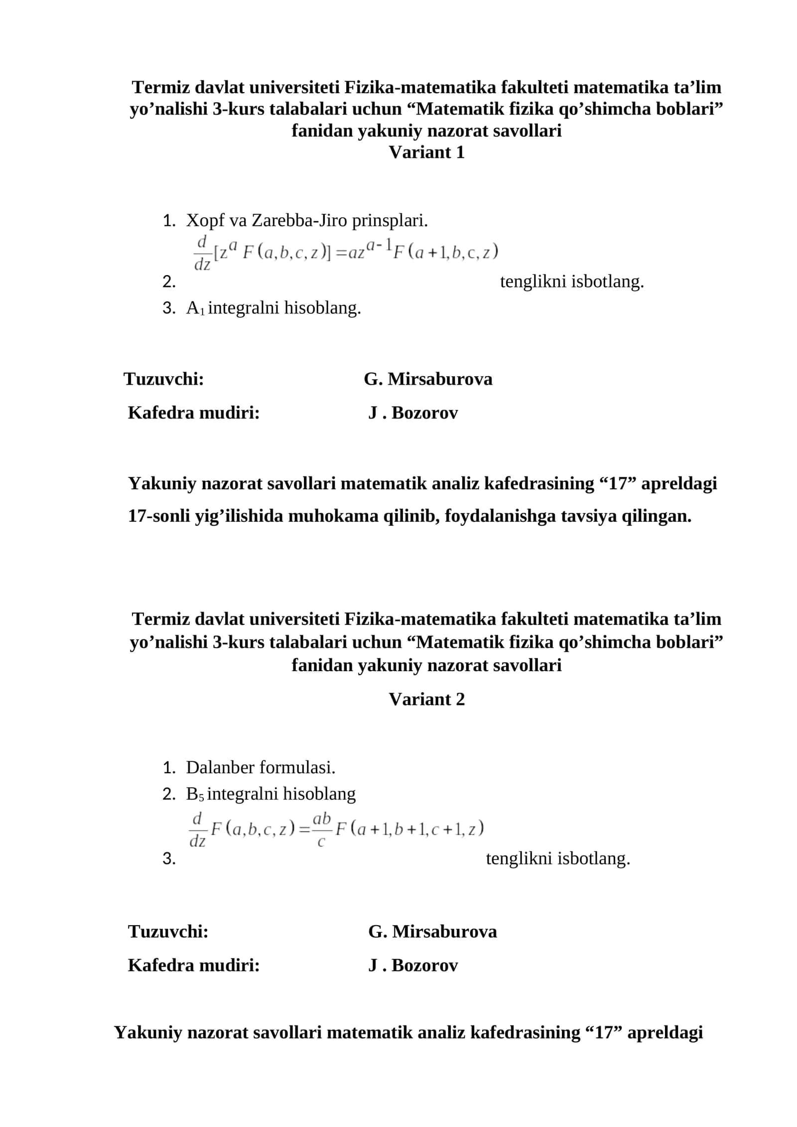Matematik fizika qo’shimcha boblari