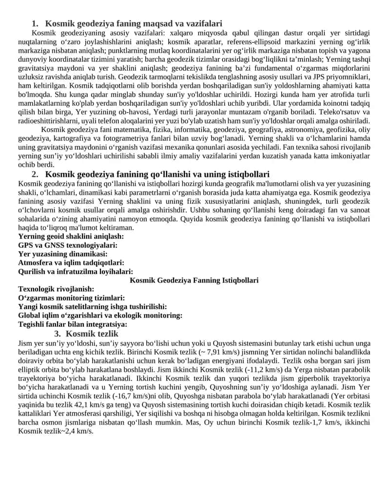 Kosmik geodeziya faning maqsad va vazifalari