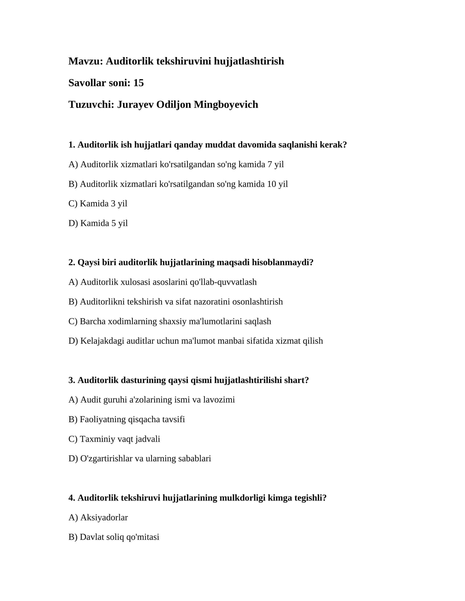 Auditorlik tekshiruvini hujjatlashtirish