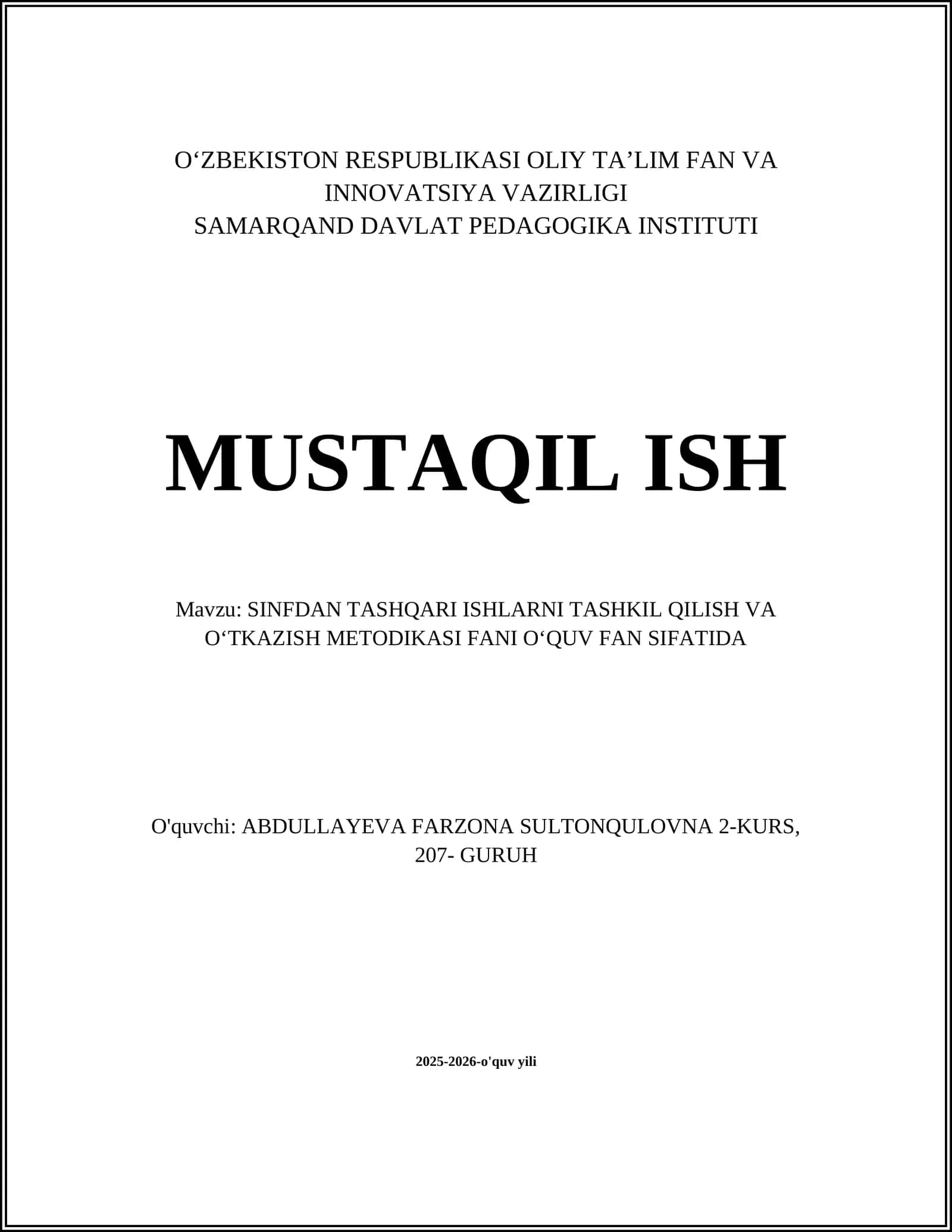 SINFDAN TASHQARI ISHLARNI TASHKIL QILISH VA OʻTKAZISH METODIKASI FANI OʻQUV FAN SIFATIDA