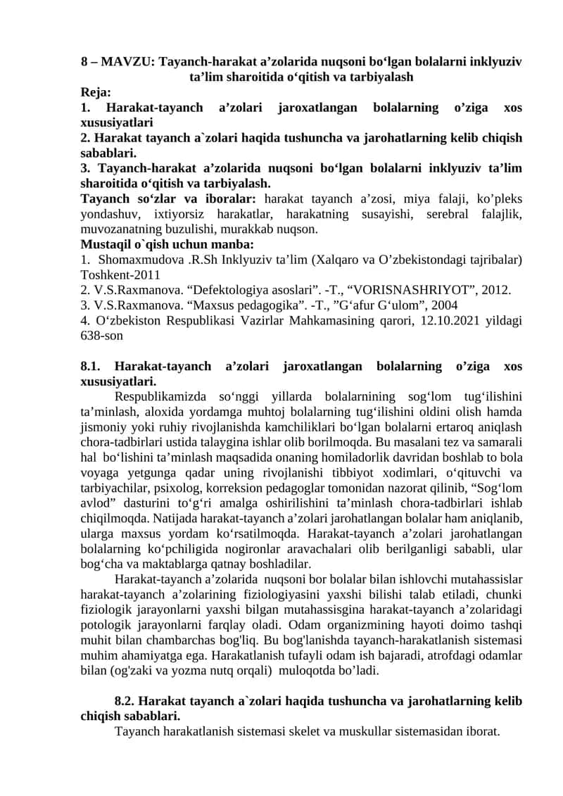 Tayanch-harakat a’zolarida nuqsoni bo‘lgan bolalarni inklyuziv ta’lim sharoitida o‘qitish va tarbiyalash
