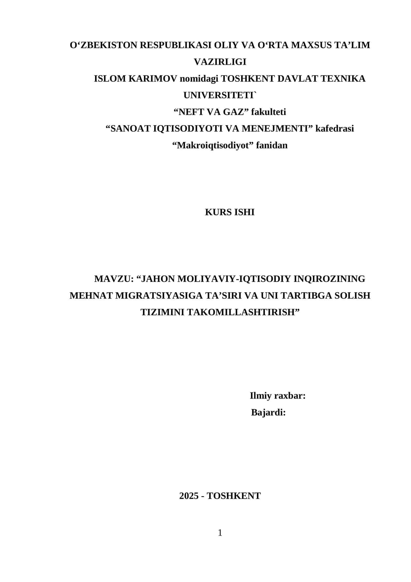 JAHON MOLIYAVIY-IQTISODI INQIROZINING MEHNAT MIGRATSIYASIGA TA’SIRI VA UNI TARTIBGA SOLISH TIZIMINI TAKOMILLASHTIRISH