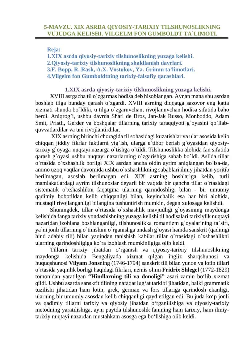 XIX ASRDA QIYOSIY-TARIXIY TILSHUNOSLIK