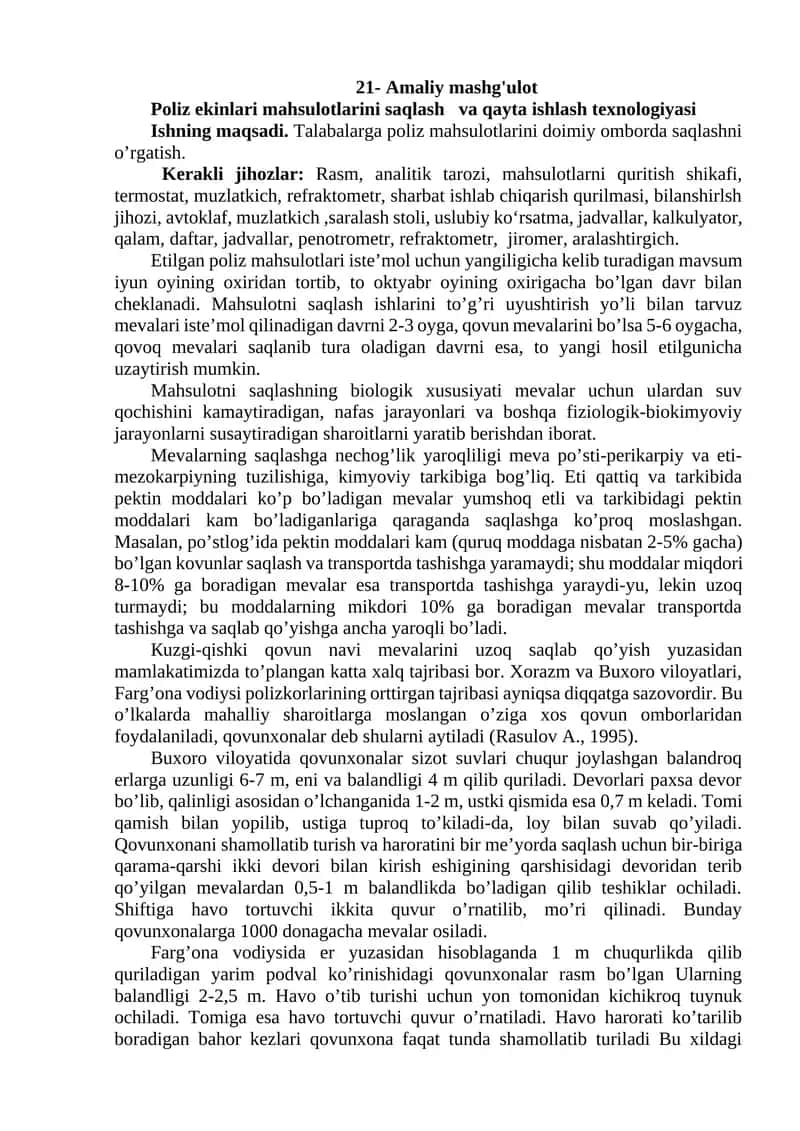 Poliz ekinlari mahsulotlarini saqlash va qayta ishlash texnologiyasi