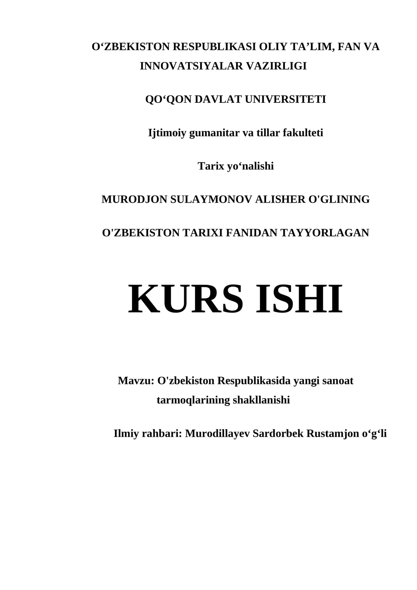 O'ZBEKISTON TARIXI FANIDAN TAYYORLAGAN KURS ISHI