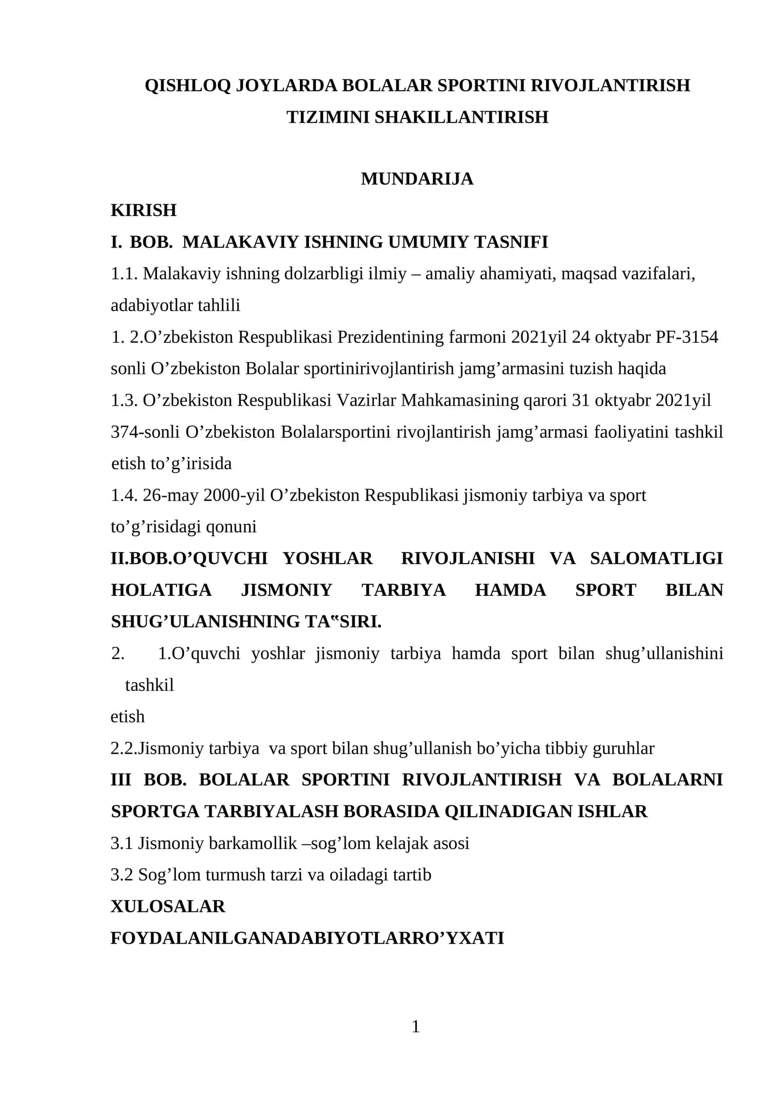 QISHLOQ JOYLARDA BOLALAR SPORTINI RIVOJLANTIRISH TIZIMINI SHAKILLANTIRISH