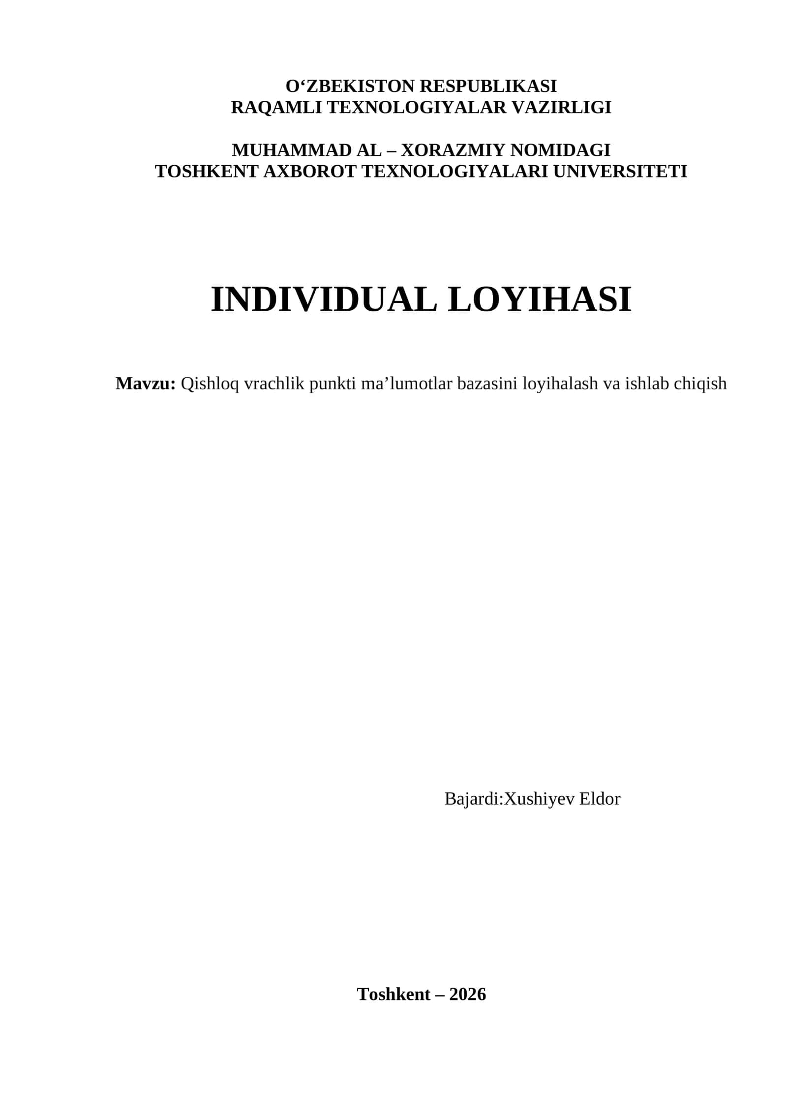 Qishloq vrachlik punkti ma’lumotlar bazasini loyihalash va ishlab chiqish