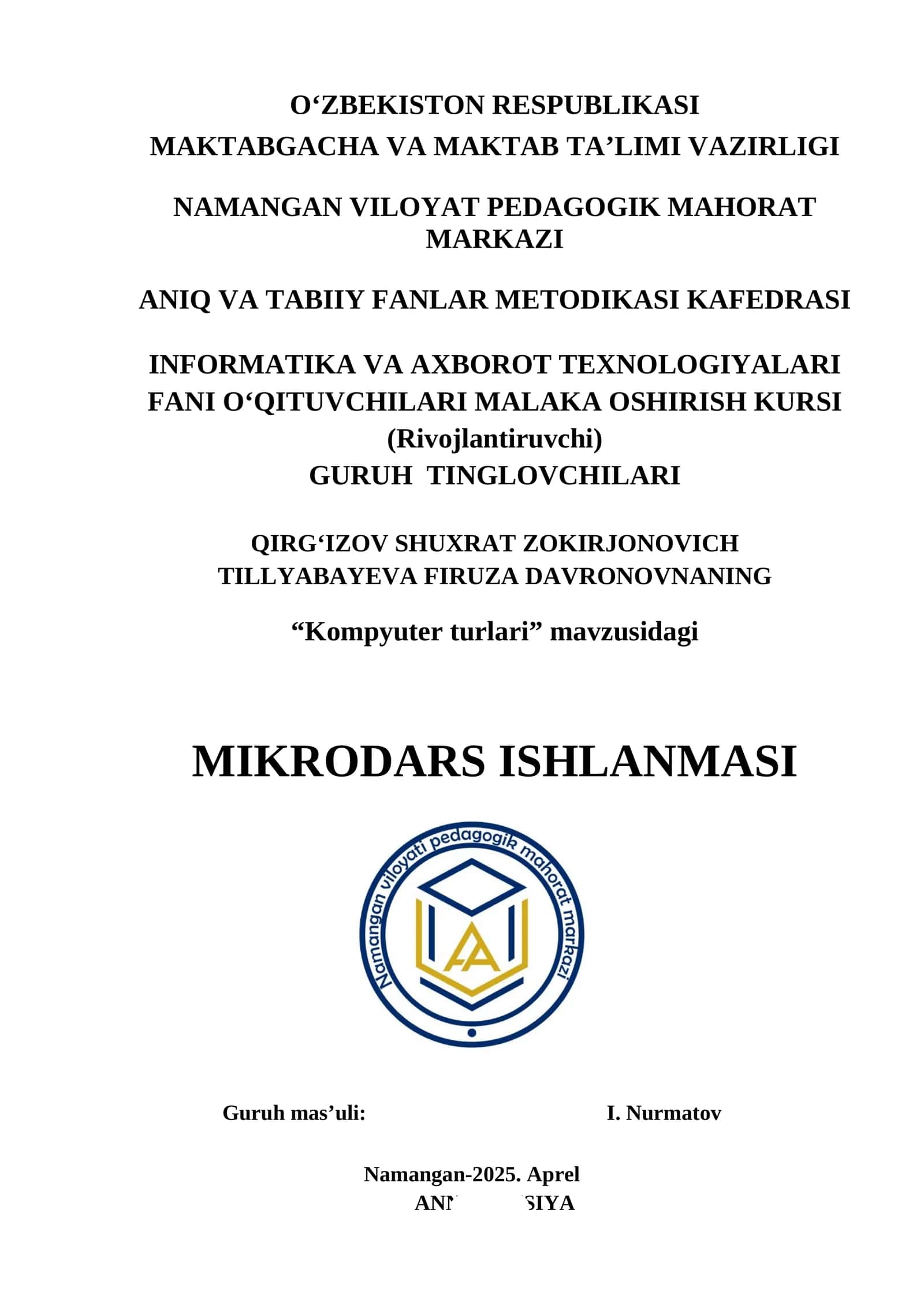 “Kompyuter turlari” mavzusidagi MIKRODARS ISHLANMASI