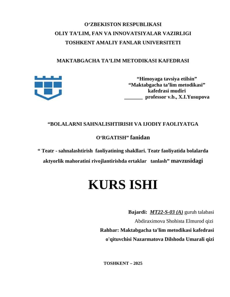 Teatr - sahnalashtirish faoliyatining shakllari. Teatr faoliyatida bolalarda aktyorlik mahoratini rivojlantirishda ertaklar tanlash12.docx