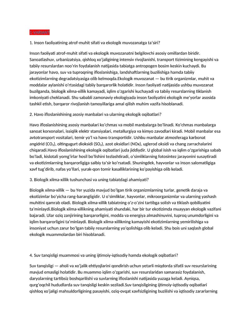 Inson Faoliyatining Atrof-muhit Sifati va Ekologik Muvozanatga Ta'siri