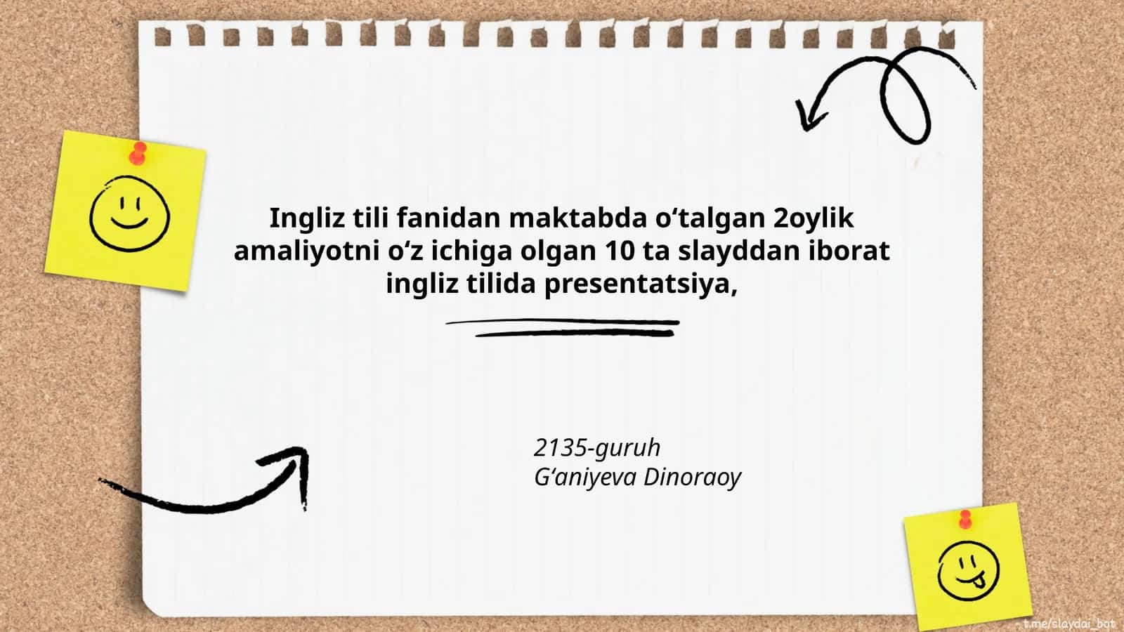 Ingliz tili fanidan maktabda oʻtalgan 2oylik amaliyotni oʻz ichiga olgan 10 ta slayddan iborat ingliz tilida presentatsiya