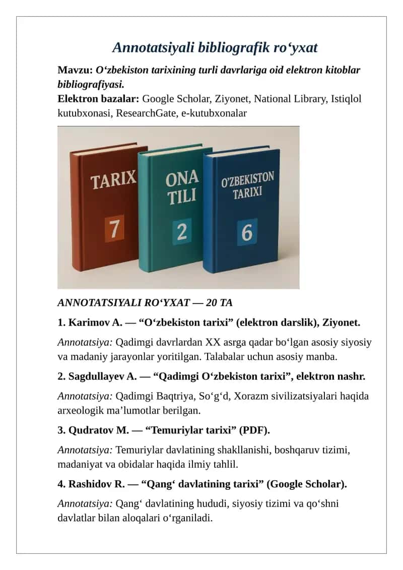 O‘zbekiston tarixining turli davrlariga oid elektron kitoblar bibliografiyasi