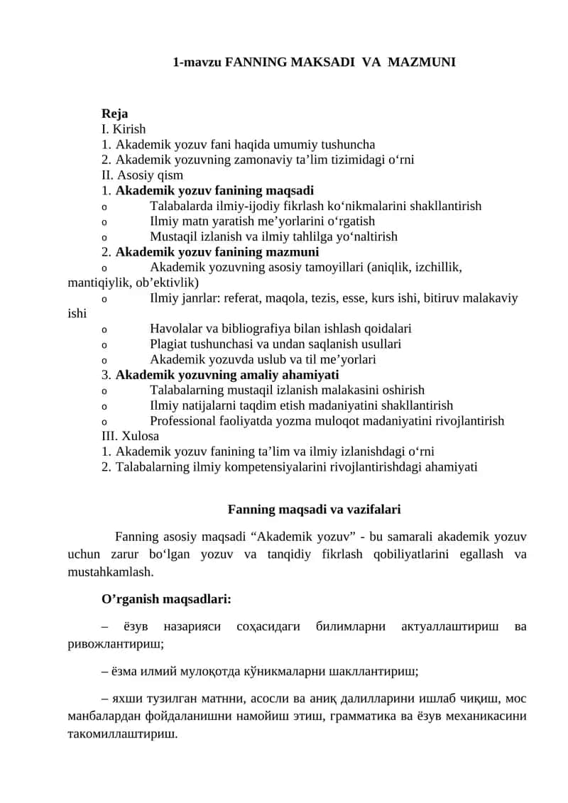 Akademik Yozuv Fanining Maqsadi va Mazmuni