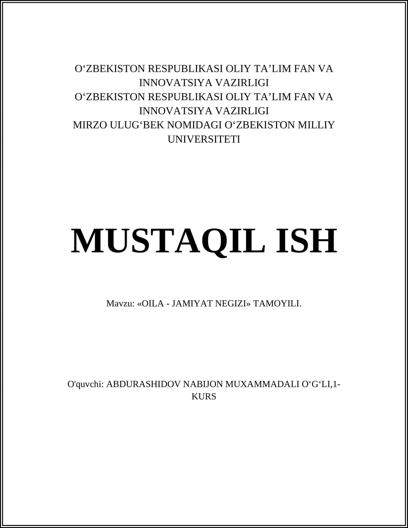 OILA - JAMIYAT NEGIZI» TAMOYILI